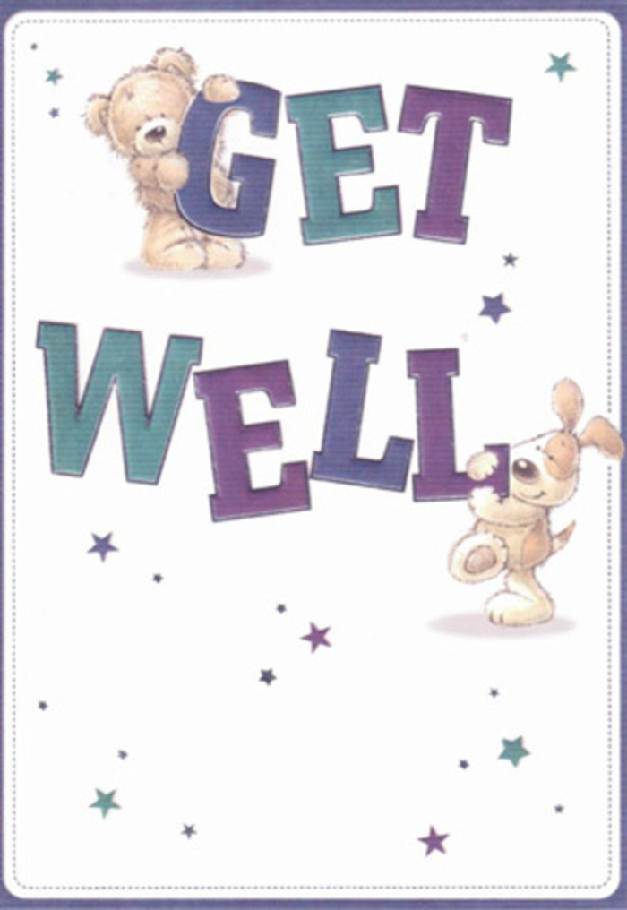 This get well card, evocative of the warmth found in Shepperton's close-knit community, is graced by the playful companionship of a teddy bear and a charming puppy. Against a luminous cream background, the bear's plush, honey-brown coat and the puppy's floppy velvet ears are brought to life with gentle brushstrokes, inviting the viewer to imagine their cuddly embrace. Between them, bold letters spelling 'Get Well' leap forth in a joyful palette of purples and aquas-their confident, rounded shapes grounding the lighthearted scene. Scattered stars twinkle overhead and around, painted in dreamy blue and purple hues, as if scattering heartfelt wishes through the air for all along Old Charlton Road or the leafy corners of Shepperton. Each illustrated detail conveys a loving intentionality akin to a hand-tied bouquet custom-made for comfort and encouragement. The design's comforting texture, cheerful exuberance, and subtle hopefulness blend harmoniously-a visual reminder that even a simple card can offer the same gentle reassurance and positivity as a fresh floral arrangement delivered right to the doorstep by your local florist. The mood is airy and bright, its emotional resonance perfectly crafted to lift anyone's spirits, from young to old, especially those in the embrace of Shepperton's gentle pace.