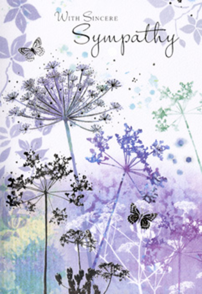 This sympathy card presents a tranquil scene that could easily echo the peaceful edges of Shepperton's riverside paths on a still, overcast morning. Across the inner panel, tall, spindly wildflowers with umbel-shaped heads stretch upward, each stem painted in fine, calligraphic lines. Their blossoms are formed from delicate strokes of violet, dusky lavender, and powder blue, with touches of silvery green that suggest slender leaves and airy foliage. The blooms seem almost etched over a softly blurred background, where watercolour washes flow into one another in quiet waves of mauve, slate blue, and misted green, evoking dew-soft fields or the view beyond a rain-touched window. Two small butterflies hover just above the highest petals, their shapes faint yet purposeful, wings tinted with pale lilac and pearl, hinting at hope and gentle transition. Light in the artwork is diffuse and even, with no hard shadows, creating a meditative atmosphere that encourages contemplation rather than drama. Textures are feathery and subtle, as if the page has been brushed with the lightest touch, giving the whole design a comforting softness. This is the kind of card one might choose in Shepperton when wanting to acknowledge grief with grace: understated, nature-led, and deeply respectful. The arrangement of flowers and butterflies speaks quietly of continuity, of the way memories hover around us like the delicate life along the riverbank, offering quiet support without intruding on sorrow. It feels like a visual pause-a moment to breathe, remember, and feel gently accompanied.