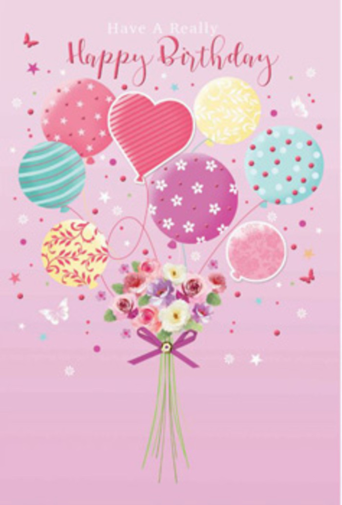 This floral birthday image captures the kind of gentle joy you might feel walking through Shepperton on a bright spring afternoon, rendered here as a poetic combination of balloons and blossoms. The background is a powdery pink, calm and inviting, against which a grouping of pastel balloons drifts upward. Each balloon wears its own playful personality: some glide with curling ribbon-like stripes, others shimmer with tiny polka dots, and a few display soft, almost watercolor-like swirls of colour. Pale sunshine yellow, rose pink, sea green, and lavender mingle together in a way that feels both festive and soothing, like the soft colours of cottage front gardens near Shepperton's Old Town. At the base of the cluster, a hand-tied bouquet forms the visual anchor. Petite roses and daisy-style flowers nestle together, their petals shaded from creamy white at the centre to rosy tips, as though touched by morning light. You can imagine the subtle scent-fresh, lightly sweet, and uplifting-similar to opening the door of a local flower shop brimming with new arrivals. A purple satin bow secures the stems, its neat knot and trailing ends adding a note of polished detail that suggests an experienced florist's touch. Delicate butterflies flutter around the bouquet, while tiny stars seem to sparkle in mid-air, creating the impression of a birthday wish paused in time. The light in the scene is soft yet bright, catching the glossy surface of the balloons and the natural sheen of the petals, turning this simple greeting into a tender, celebratory keepsake for someone marking their special day in or around Shepperton.