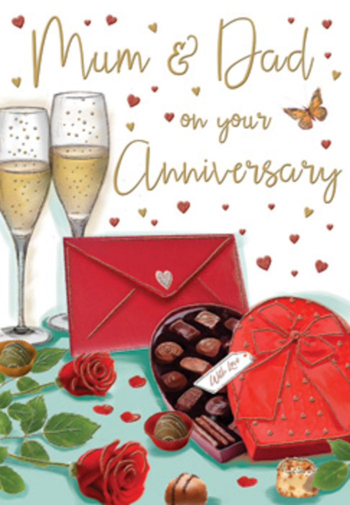 This detailed anniversary card design feels like a lovingly arranged tribute to long-lasting partnership, the kind of scene you might picture laid out in a Shepperton living room before family arrives. The eye is first drawn to the lush red roses resting on the table, their petals dense and velvety, cupped gently around each other in full bloom. Their deep ruby tones almost glow against a backdrop of rich, dark greenery, evoking the careful selection a florist makes when preparing a special anniversary bouquet for delivery across Shepperton and nearby Laleham. Next to the roses, an open heart-shaped box of chocolates takes pride of place. The lid, coloured a generous, romantic red and tied with an opulent bow, tilts just enough to reveal the neat array of chocolates inside-each one distinct, with rounded tops, smooth finishes, and enticing textures that suggest praline centres and soft caramels. Slightly behind, two tall champagne flutes stand close together, like partners leaning in. They are filled with pale golden champagne, and the fine bubbles shimmer upwards, catching highlights that give the entire scene a celebratory sparkle. Floating around the composition are tiny hearts in tones of crimson and gold, some softly blurred as if dancing in warm lamplight, framing hand-lettered anniversary wishes. A vivid scarlet envelope lies nearby, sealed and angled just so, hinting at an intimate note filled with thanks and memories. The illustration carries a sense of gentle ceremony, reminiscent of a special evening at home in Shepperton, where flowers, chocolates, and a shared glass of fizz become symbols of the journey two people have taken together.