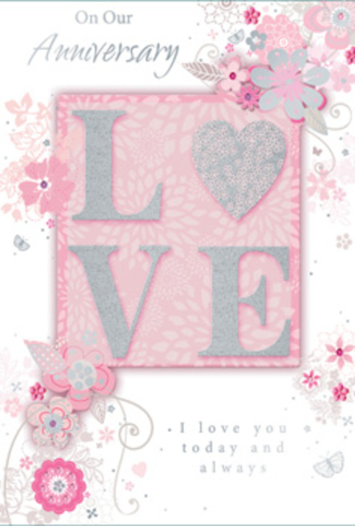 Viewed in detail, this anniversary card has the quiet, radiant charm of sunlight filtering into a Shepperton sitting room, catching the edges of a vase of pastel blooms. At the heart of the design, the word LOVE stands proudly in raised, frosted glitter, the letters a soft blush pink with a pearlescent white sheen and delicate hints of silver along their contours. The texture looks wonderfully tactile, as if running a fingertip over the word would reveal gentle ridges and tiny sparkles, much like the sensation of brushing against fine ribbon or decorative wrapping on a hand-tied bouquet. Behind this central motif, a warm, muted pink background glows softly, creating a sense of calm and intimacy. Across this blush canvas, wispy, hand-drawn flowers and leafy sprays drift from the corners and edges, in tones of pale pink, lilac, ivory, and light grey. The blooms are stylized yet graceful, reminiscent of a florist's pencil sketch when planning a romantic arrangement for an anniversary delivery somewhere near Shepperton Green or along the quiet residential roads. Fine filigree lines, slender stems, and occasional subtle butterflies weave through the composition, suggesting delicate movement, like a soft breeze stirring petals. Some elements are accented with faint silver highlights, catching the eye without overpowering the overall softness. An understated message expressing enduring love is set in elegant script, balanced so it complements rather than competes with the central LOVE. The result is a card that feels intimate, thoughtful, and carefully crafted-a paper equivalent of a pastel-toned anniversary bouquet chosen with care by someone who truly knows the tastes of their Shepperton partner.
