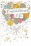 This congratulations card is depicted as a small scene of celebration, thoughtfully designed to convey pride and happiness in a single, elegant image. At its heart floats a charming bouquet of balloons, arranged much like a florist's display, each balloon distinct yet harmoniously balanced. Shades of gold, silver, champagne, soft blue, and rose-pink mingle together, their surfaces hinted to be smooth and slightly glossy, like satin ribbons catching the light along Shepperton High Street. Tiny star motifs, delicate stripes, and touches of glitter embellish the balloons, giving them a festive sparkle as if they were gently illuminated by party lights after sunset near Shepperton Lock. Slender, curling ribbons in metallic gold and silver trail down from the cluster, sketched with a sense of rhythm that suggests quiet movement and joy. Around the central bouquet, scattered stars, dots, and swirling shapes drift across a light, airy background, conjuring the feeling of confetti mid-flight at a well-loved family celebration. A flowing banner stretches across the middle of the composition, carrying the words Congratulations To You in elegant handwriting-style lettering, the kind of script that feels considered, personal, and heartfelt. The design hints at layered textures-smooth inks, sparkling glitter, and perhaps a gently embossed finish-so that simply holding the card might feel special. The mood is warm, uplifting, and gently glamorous, perfectly suited to accompany a fresh bouquet delivered to a doorstep in Shepperton to celebrate exam results, a new job, or any milestone moment when you want your congratulations to feel as joyful as the occasion itself.
