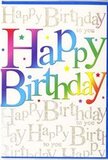 A colourful birthday card fills the frame, designed to feel like an instant celebration the moment it's lifted from an envelope in a Shepperton living room. The central focus is the phrase Happy Birthday, written in generous, chunky letters that stretch across the front in a smooth, flowing line. Each letter is drenched in a multi-coloured gradient, shifting effortlessly from bold reds and pinks through ocean blues, leafy greens, and sunshine yellows, as if each stroke has been inspired by balloons, streamers, and party hats collected from small shops off Shepperton High Street. The ink appears luminous and slightly glossy, creating soft reflections that make the words stand out in almost three-dimensional relief. Behind the main greeting, the background is richly patterned with a repeating line of cursive text, Happy Birthday to you, scripted in a delicate gold that glitters lightly when it catches the light, like fine jewellery worn for a special occasion. This golden script winds across the entire card in neat, rhythmic rows, forming a subtle, decorative tapestry that cradles the bold rainbow letters in warmth. Tiny sparkles and confetti-like dots peek out around the edges of the main phrase, hinting at the laughter, candles, and clinking glasses that might accompany the celebration. The overall palette stays bright but balanced, avoiding any harsh tones so the design feels friendly and inviting rather than loud. It's an ideal card to pair with a fresh floral delivery in Shepperton, slipped beside a vase of colourful blooms on a dining table, quietly amplifying the message that this birthday truly matters and deserves to be remembered.