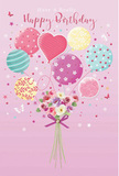 This charming birthday card illustration feels like a miniature celebration taking place above the rooftops of Shepperton, all set against a gentle blush-pink sky. A lively group of pastel balloons floats upward, each balloon painted with its own joyful motif: some are wrapped in candy-like stripes, others are sprinkled in playful polka dots, and a standout heart-shaped balloon quietly radiates affection at the centre. Soft tones of pink, teal, lemon, and lavender mingle together, echoing the kind of light, happy palette you might see in the window of a local Shepperton gift shop. Below this airy parade, a dainty bouquet gathers at the base, full of delicate roses and anemone-style blooms clustered closely together. Their petals, feathery and soft, range from creamy ivory to blush pink and gentle mauve, with subtle shading that suggests velvety texture and fresh, just-cut quality. A violet satin bow cinches the stems neatly, its smooth sheen catching the imaginary light that also glows off the balloons above. Tiny butterflies and scattered star-shaped accents dance around the bouquet, bringing a hint of fairy-tale magic, like a birthday wish drifting on the breeze along the River Thames. The composition feels light as a spring morning-airy, sweet, and perfectly festive-capturing a sense of joy that would suit any birthday celebration in Shepperton, whether it's a quiet gathering at home or a family party just off the High Street.
