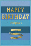 The image presents an elegant birthday card whose design blends peaceful blue tones with understated golden sparkle, evoking the gentle atmosphere of a Shepperton evening by the river. The card is built around wide horizontal stripes, each band painted in a different shade of blue, from deep, almost inky navy at the top to warmer teal, denim, and soft sky blue toward the bottom. These layered hues create a soothing gradient that feels both contemporary and timeless, as if reflecting the changing sky above Shepperton Marina. Centered across this calm backdrop, the words HAPPY BIRTHDAY are embossed in bold capital letters of metallic gold. The foil has a refined sheen, catching the light in delicate highlights along the raised edges of each letter, giving them a sense of importance without overwhelming the tranquil blues behind them. Just beneath the main greeting, an ornate gold flourish stretches horizontally, with looping curves and fine details that recall classical stationery or vintage invitations. Below this flourish, three narrow gold banners are stacked in a tidy column, each one carrying part of the friendly message: Relax, have a great day and enjoy! The banners gleam gently, their embossed finish adding depth and a subtle tactile quality. A slim gold frame runs neatly around the perimeter of the card, containing the design and enhancing its sense of balance and completion. Altogether, the card feels like a thoughtful, soothing birthday gesture-ideal to place beside a small vase of fresh flowers on a windowsill overlooking a quiet Shepperton street, inviting the recipient to slow down and savour their special day.