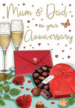 This illustrated anniversary card captures the essence of a shared celebration, as if set for a quiet evening at home in Shepperton. On a smooth tabletop, two sumptuous red roses lie side by side, their velvety petals curling outward in generous layers that suggest careful selection and absolute freshness. Deep green leaves fan out around them, giving structure and contrast, much like a hand-tied bouquet lovingly prepared in a local Shepperton flower shop. Nestled near the blooms is an open heart-shaped box of chocolates, its rich red lid propped up so the viewer can almost count the individual pieces within. They sit in neat rows, domed and glossy, some textured, others silky smooth, inviting thoughts of shared treats and soft laughter. A luxurious red bow, tied in full, confident loops, adorns the box, echoing the roses' rich colour. Just behind, a pair of slender champagne flutes rises together, filled to the same level with sparkling golden champagne. The bubbles are captured mid-rise, tiny beads of light that give the glasses a sense of movement and anticipation, like the moment before a heartfelt toast. Scattered across the background, tiny hearts in shades of crimson and warm gold drift around handwritten anniversary greetings, adding a playful yet tender touch. Off to one side, a bold scarlet envelope, sealed and slightly angled, suggests a handwritten note for Mum & Dad, full of gratitude and cherished memories. The overall mood is warm, romantic, and quietly joyful, a scene that mirrors the affectionate anniversary gatherings often celebrated in homes around Shepperton.